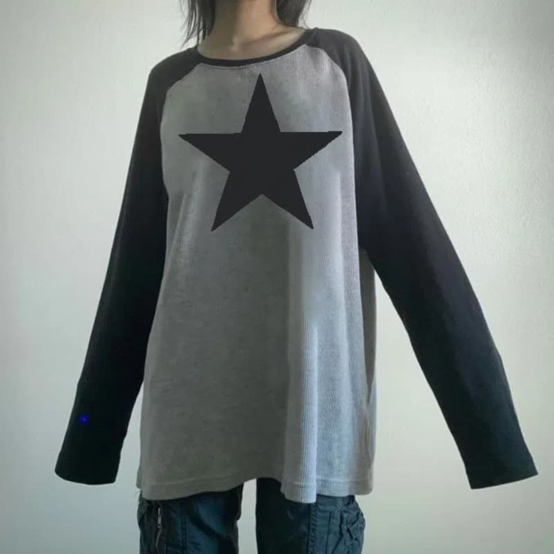 Spot European and American contrasting color raglan large size women's T-shirt oversize star printed long-sleeved loose top spring and autumn