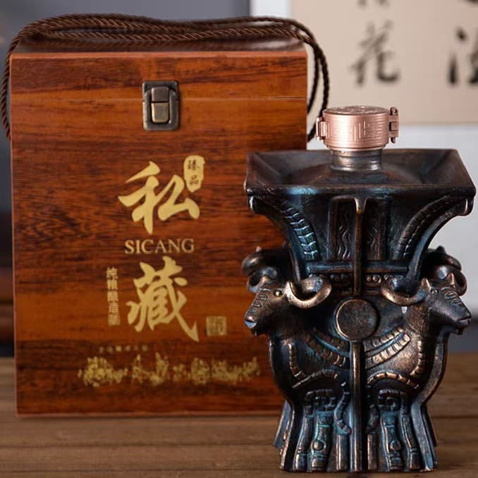 Jingdezhen Antique-style Ceramic Liquor Bottle, Bronze-imitation Four-Goat Square Zun Vessel (3/5/10 Jin Empty Bottle)
