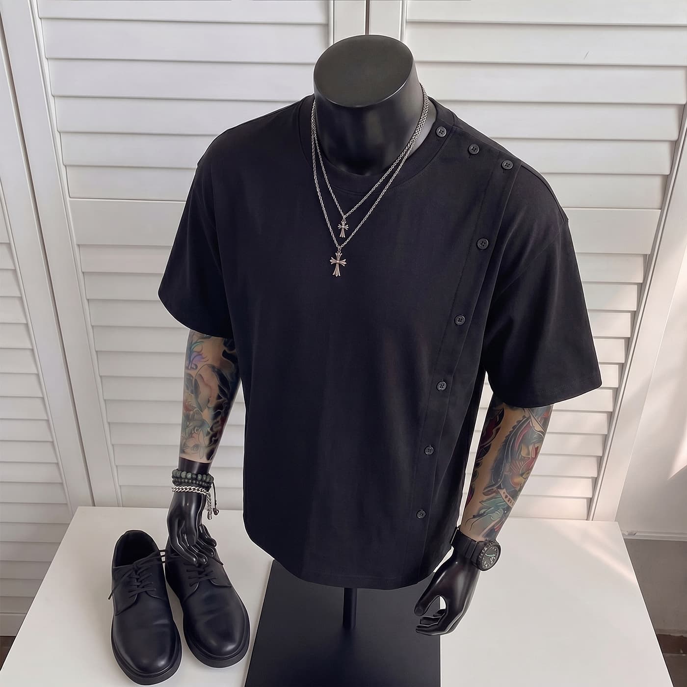 New casual simple style short-sleeved T-shirt ins men's round neck button breathable basic plus fat plus size men's clothing