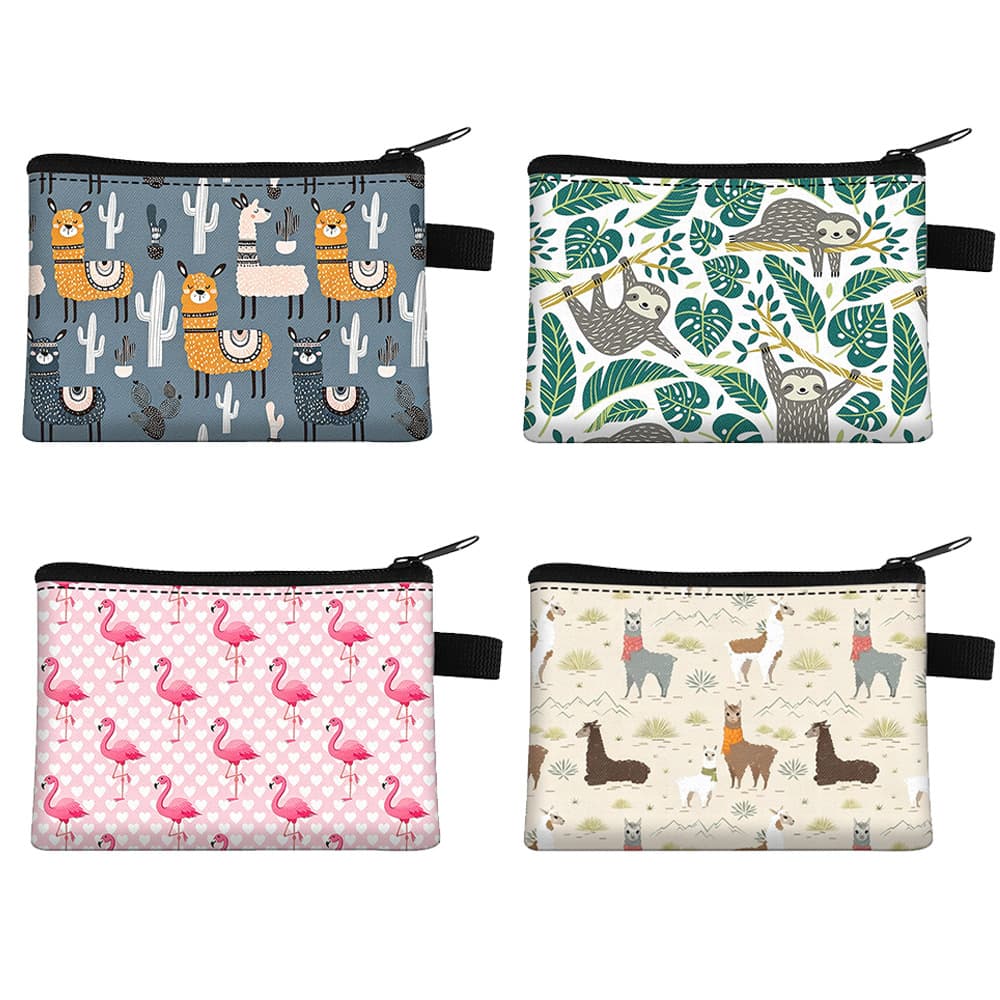Cartoon Animal Coin Purse Alpaca Sloth Flamingo Print Zipper Pouch Canvas Storage Bag Portable Organizer