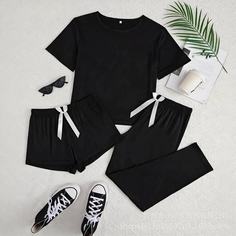 Cross-border popular Xiyin temu Amazon TK home wear pajamas women's suit blank version black three-piece suit
