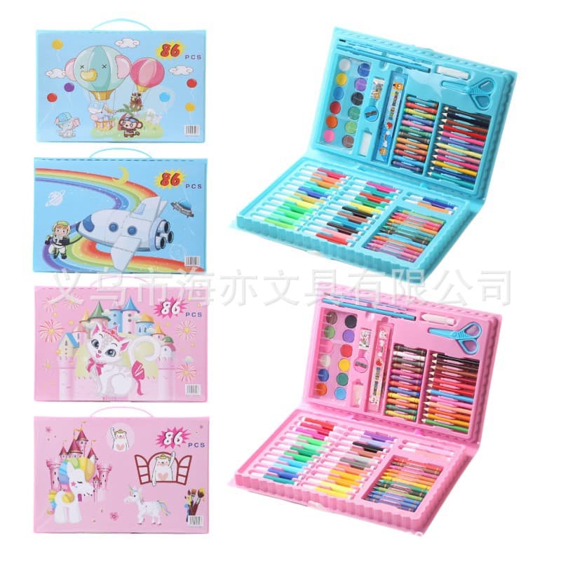 86 Children's Brush Set Watercolor Pens Crayons Painting Tools Doodle DIY Gift Box Colored Pen Stationery Set
