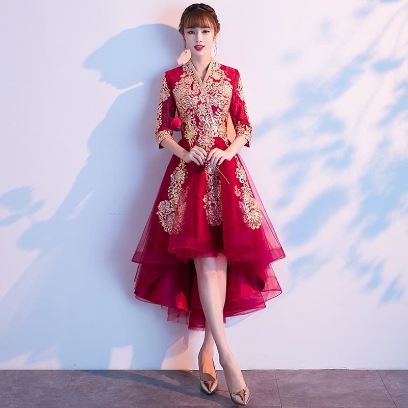 Chinese-style wedding toast dress for bride, wine red, Chinese-style wedding engagement dress, return-home dress, petite-friendly gown