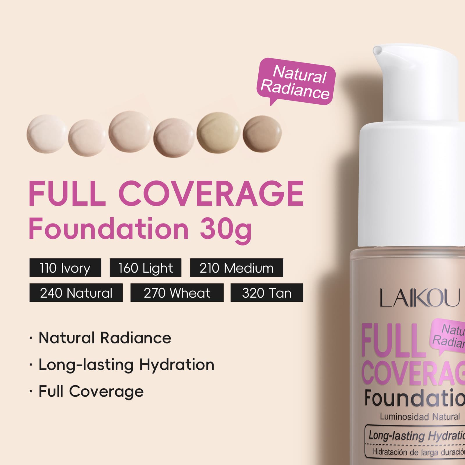 Cross-Border Laikou Full Coverage Moisturizing Foundation 30g Brightening Non-Cakey Foreign Trade Concealer Waterproof