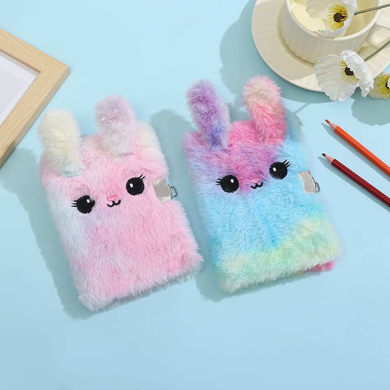 Entrepreneurial New Product Plush Notebook Cute Cartoon Tie-Dye Rabbit Hand Account Book Iron Button Girly Heart Diary Ready in Stock