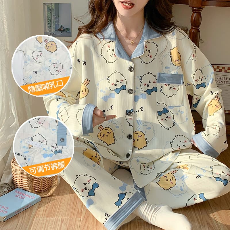 Postpartum care clothing for spring, autumn and summer, thin, breathable and sweat-absorbent, suitable for breastfeeding, plus size maternity pajamas, waiting-to-delivery loungewear set.