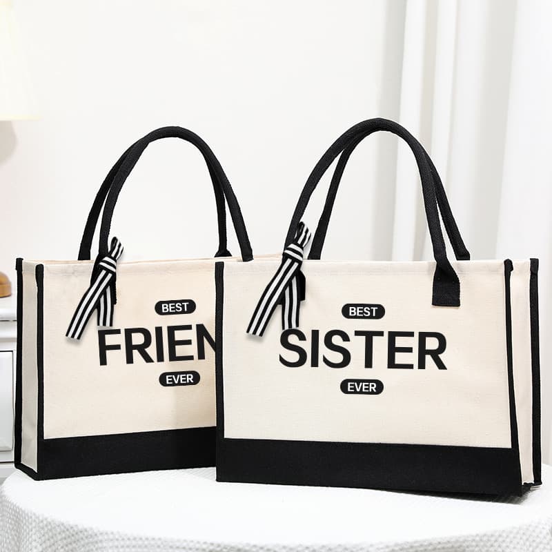 Wholesale jute canvas open hand-held thickened camping shopping bag linen hand-painted letter ribbon large-capacity hand-held bag