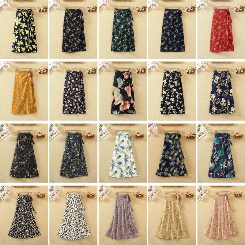 One-Piece Chiffon Skirt Women Summer Mid-Length Tie-Dye Floral Wrap Skirt Bohemian Beach Maxi Dress