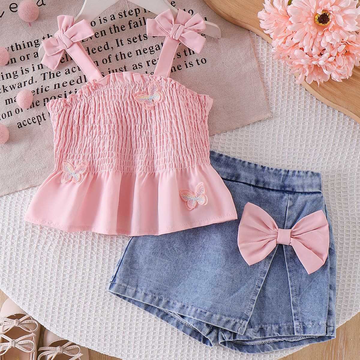 Baby Clothing Kids Set Children Outfit Pink Camisole Smocked Top Blue Shorts
