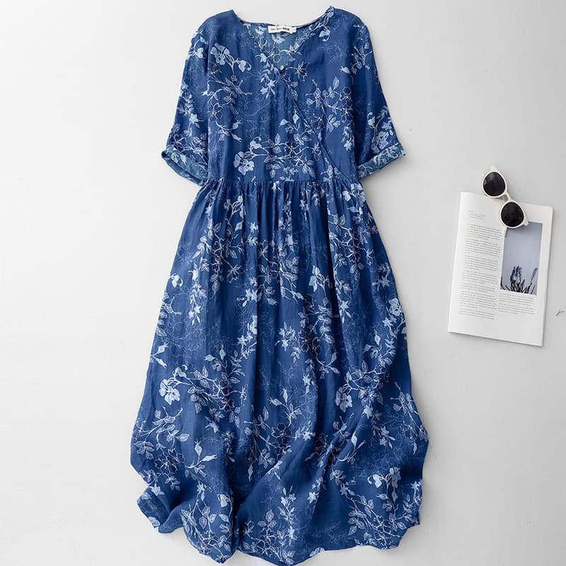 2026 Spring and Summer New Light Luxurious Ramie Kimono Dress Printed Over-the-Knee Loose Retro Blue Floral Skirt