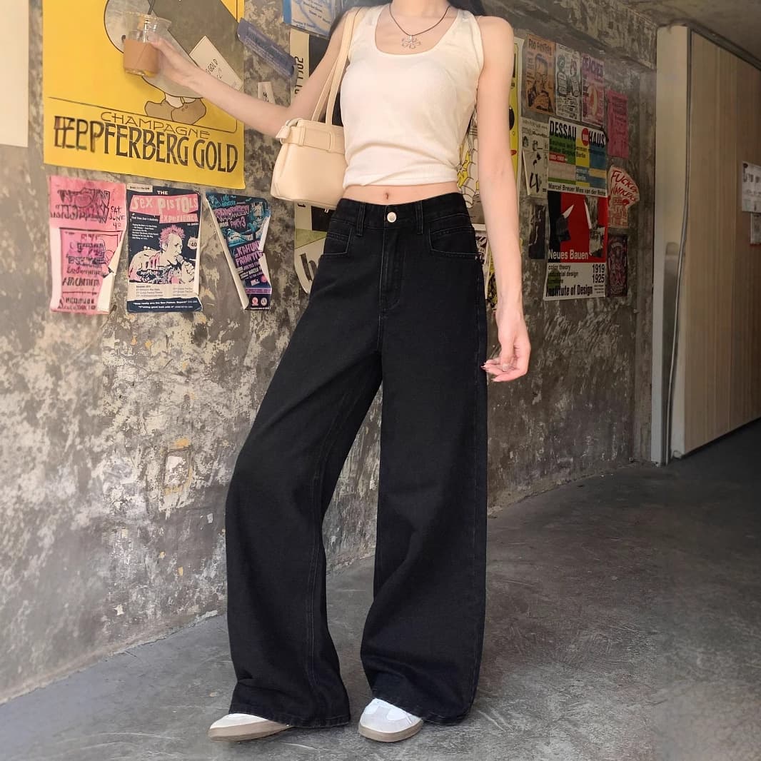 Actual Photo American Black Retro Hong Kong Style Loose Wide-Leg Jeans for Women Summer Simple Loose Straight Casual Pants