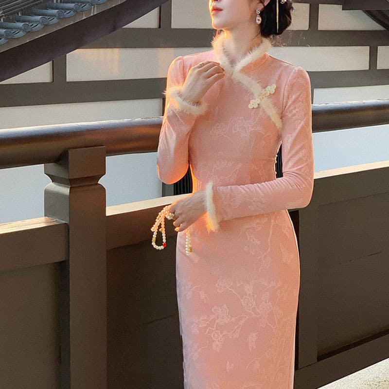 【Pink Snow Dream】New Chinese Style Daily Improved Cheongsam Women's Autumn and Winter Fleece-lined Long-sleeved Slim Fit Dress