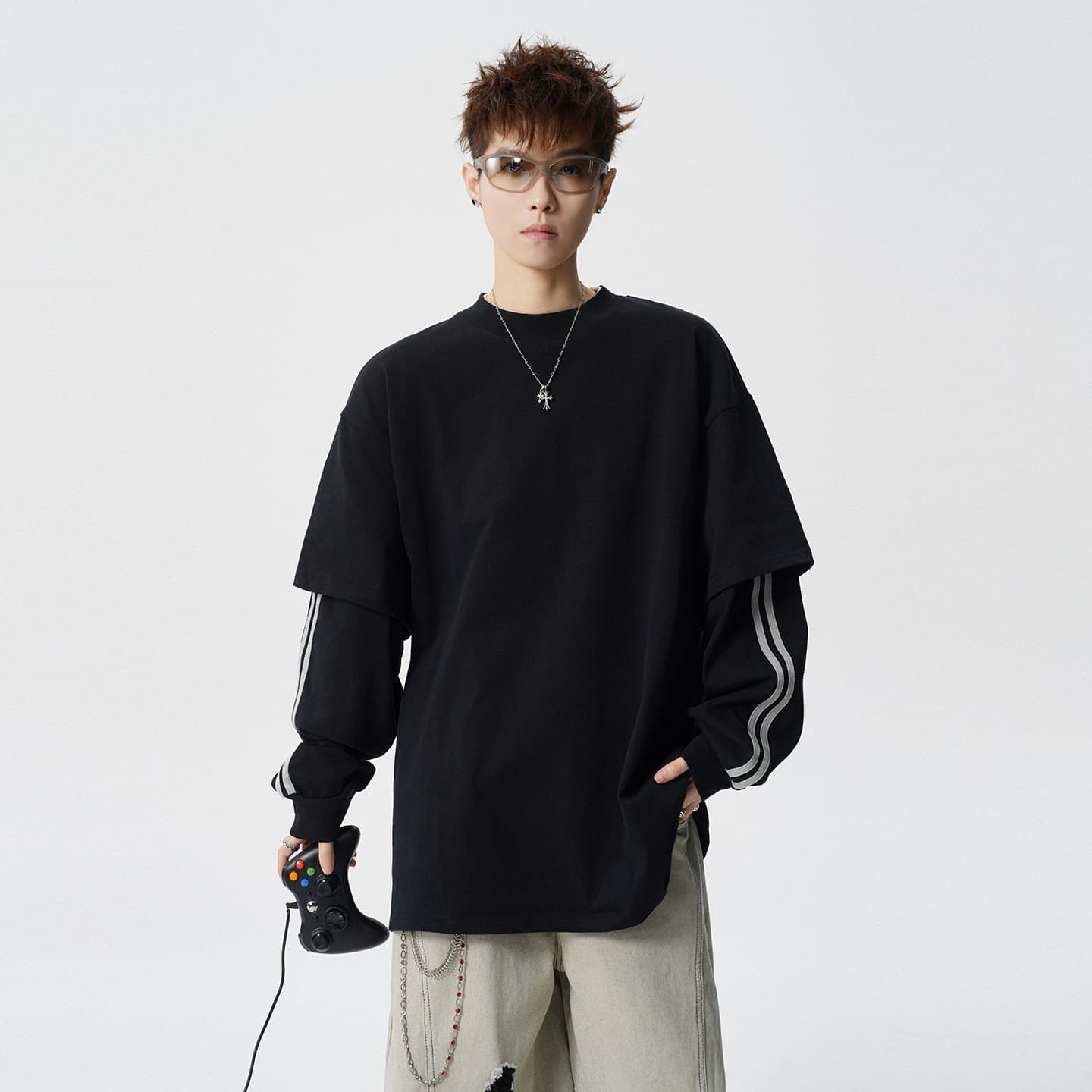 Trendy brand splicing fake two-piece round neck T-shirt for men in spring retro all-match pullover top loose casual sports long sleeve