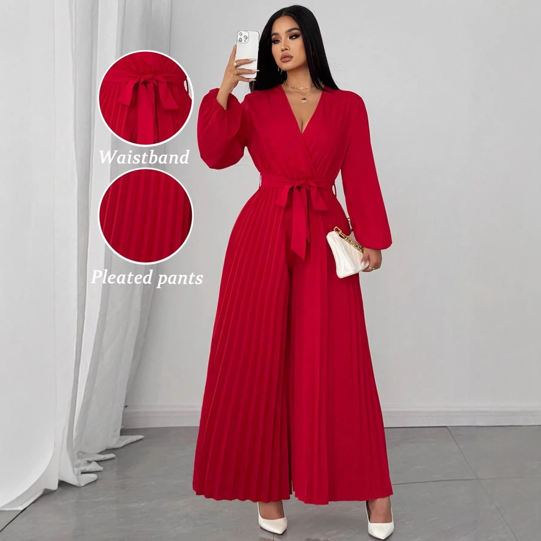 Cross-border exclusive for European and American Amazon's new plus size women's elegant long-sleeved jumpsuit with waisted pleated wide legs