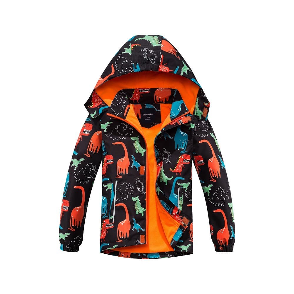 Boys' Outdoor Print Dinosaur Waterproof Cardigan with Hood, Fleece Lined, Warm Windbreaker, Zipper Jacket, Windbreaker