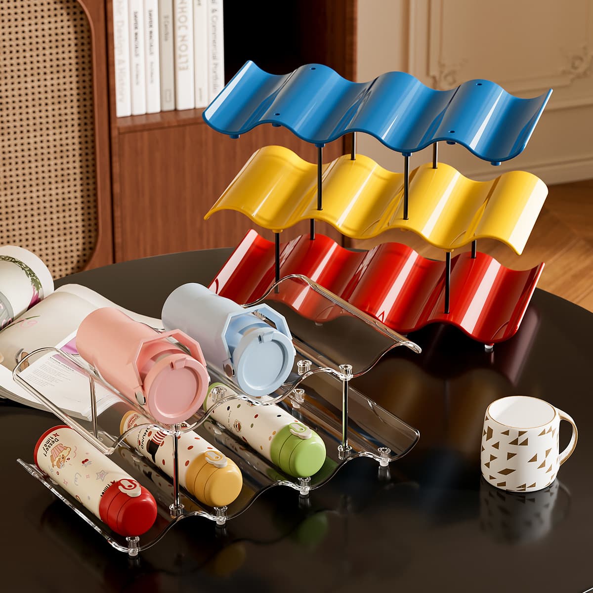 Desktop Cup Storage Rack, Water Cup Holder for Bar, Coffee, Tea, Mugs, Color-Contrast Wave-Shaped Multi-Layer Organizer