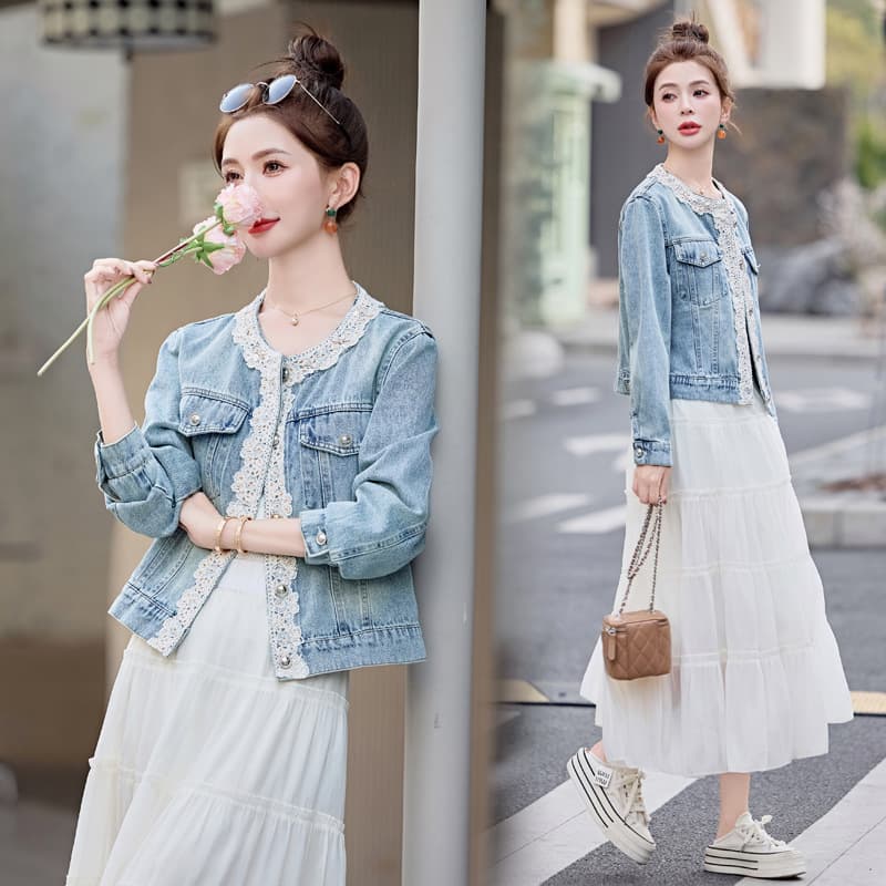 Vintage Chic Lace Trim Denim Jacket for Women 2025 Spring New High-End Stylish Denim Coat