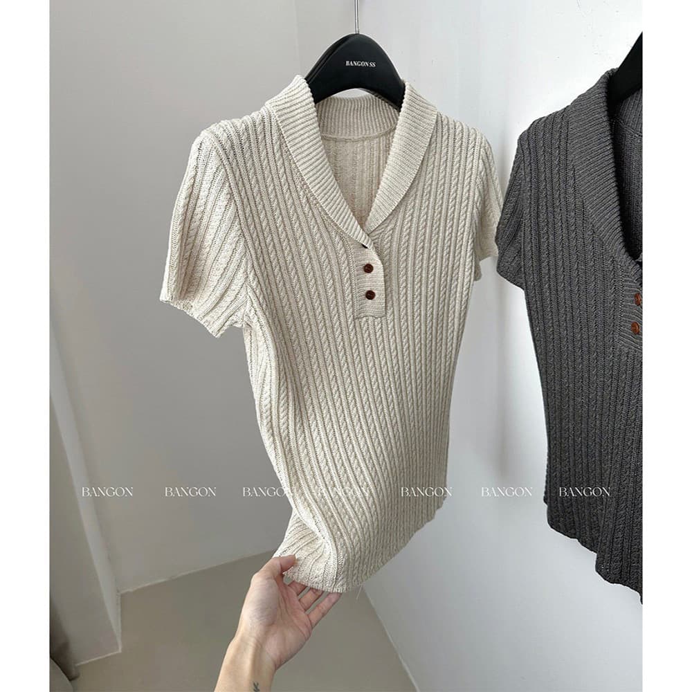 BANGON INS old money style retro lapel sweater casual and versatile 2026 spring new short-sleeved top