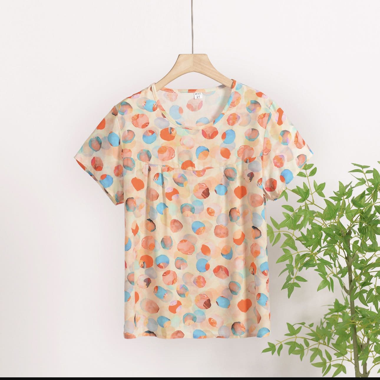 Women's Summer Cotton Silk Plus Size Loose Pullover T-Shirt for Moms, Printed Short Sleeve Cotton Silk Top