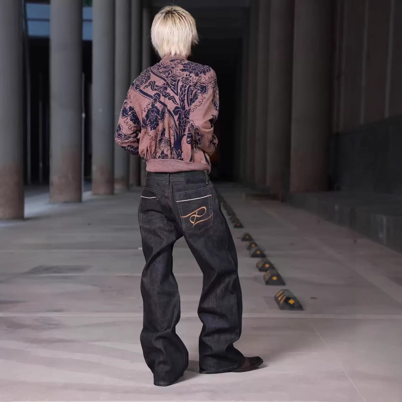 Vintage Straight-Leg Embroidered Ultra-High-Density Raw Denim Baggy Pants Floor-Length Trousers