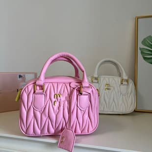 2026 New Miu-Style Pleated Bowling Bag Women High-End Handheld Shoulder Crossbody Small Square Bag Fashion Simple