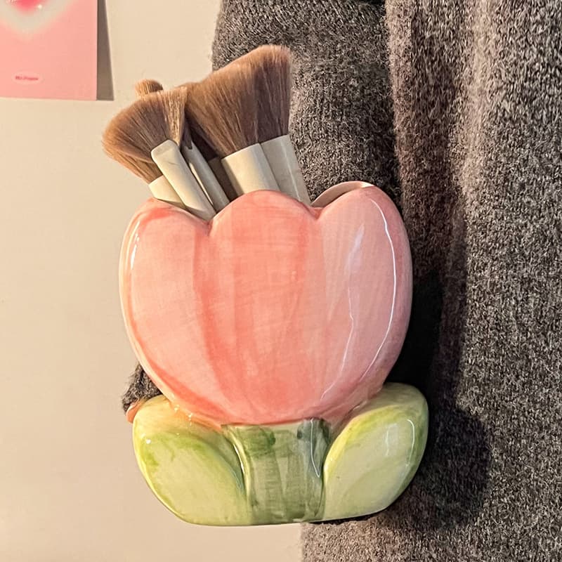 Flower Makeup Brush Holder Office Pen Cup Ins Style Girls Bedroom Decorative Desktop Storage Organizer