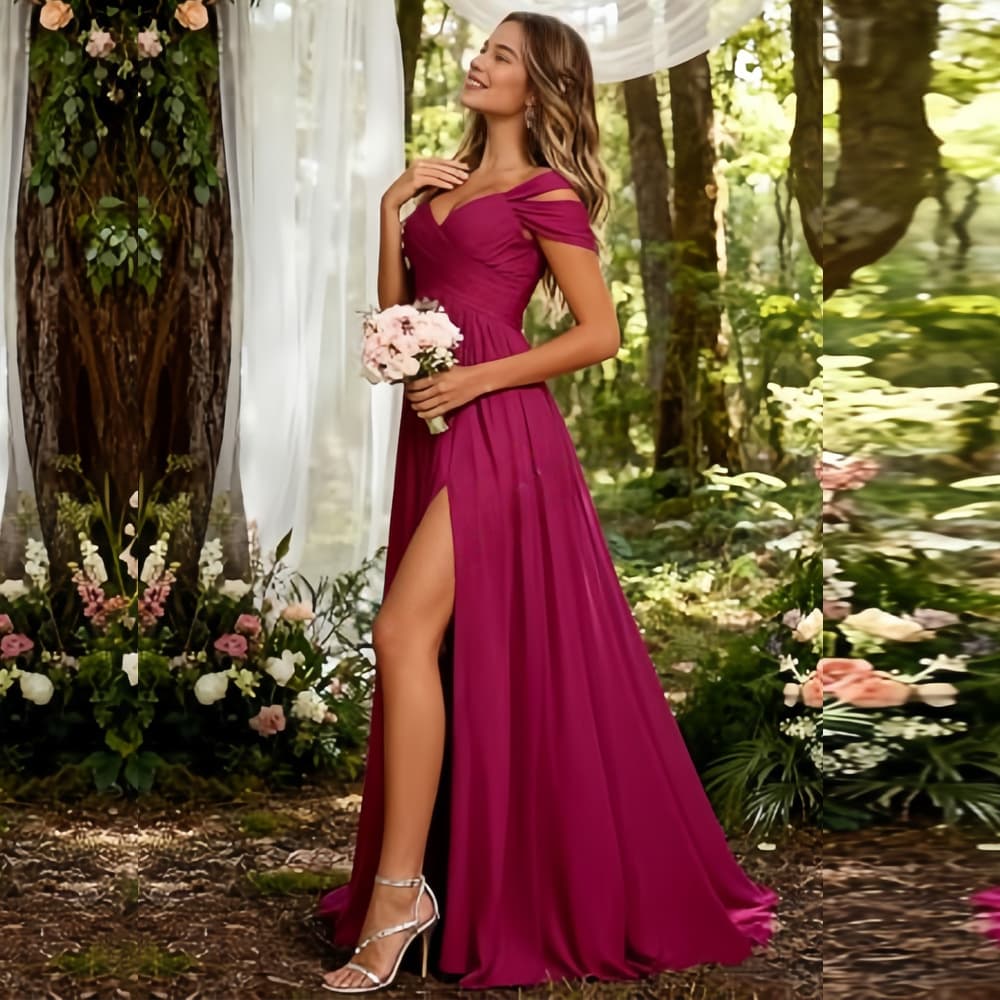 Cross-Border Off-Shoulder Bridesmaid Dress Women Long Slit Chiffon Gown Slim Elegant Evening Dress Party Ball Gown