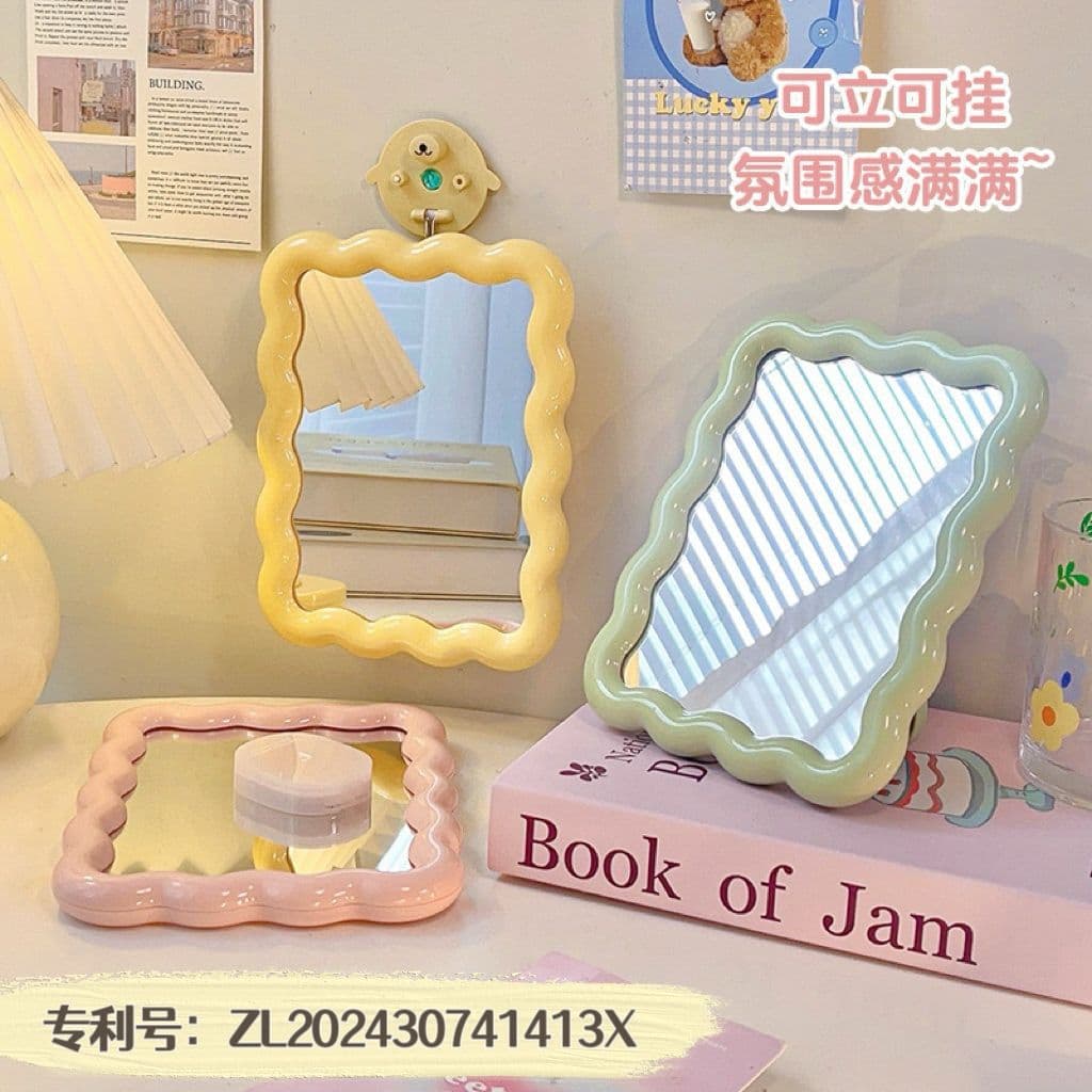 INS-style wave desktop mirror in candy colors, cute wall-mounted or tabletop single-sided makeup mirror for student dormitories.