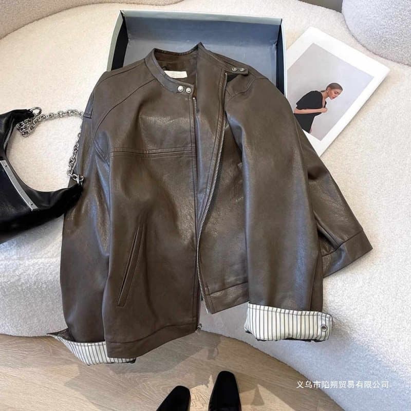 Leather Jacket Women's Short 2025 Spring New Design Niche Striped Patchwork Casual Leather Jacket Top Trendy