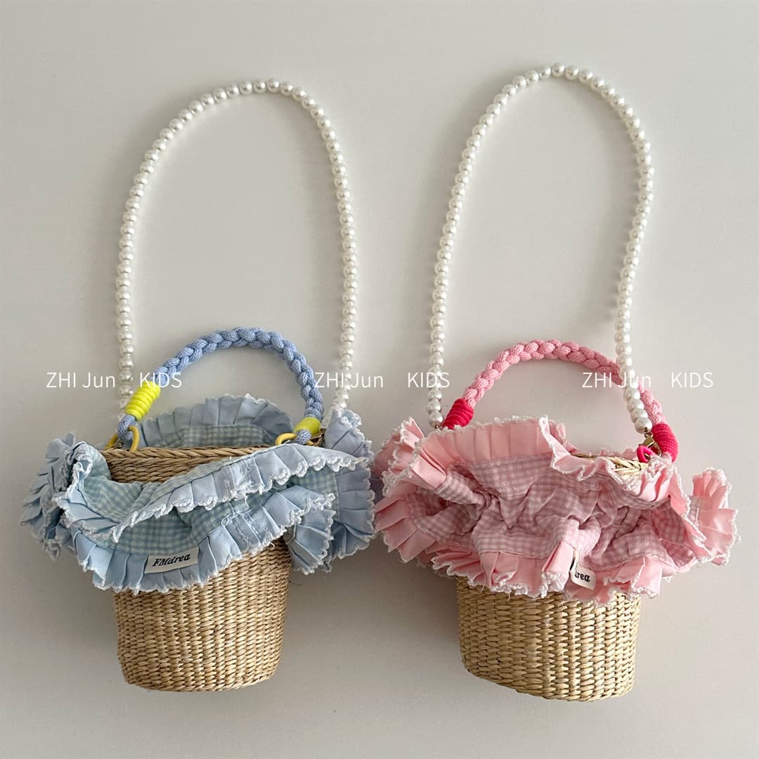 Sweet Girl Straw Handbag with Lace Grid Ruffle, Kids Photo Prop Coin Purse Woven Bead Straw Bag