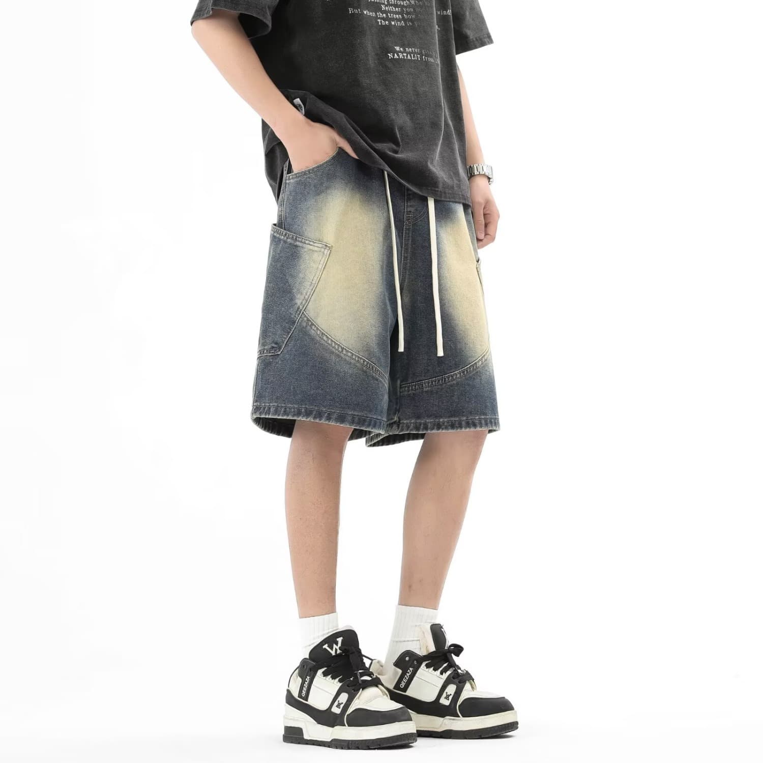 Light color denim shorts men's summer loose washed pocket cargo pants men's thin trendy brand boys' quarter pants