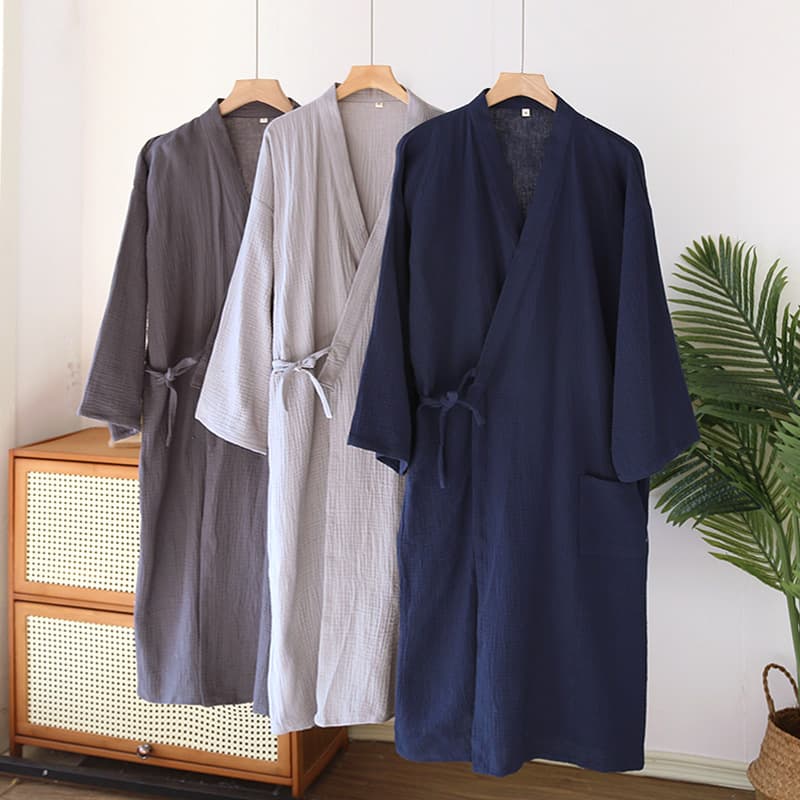 Japanese style pure cotton gauze men's kimono pajamas spring and autumn pajamas large size 200 pounds bathrobe yukata sweat steamer nightgown