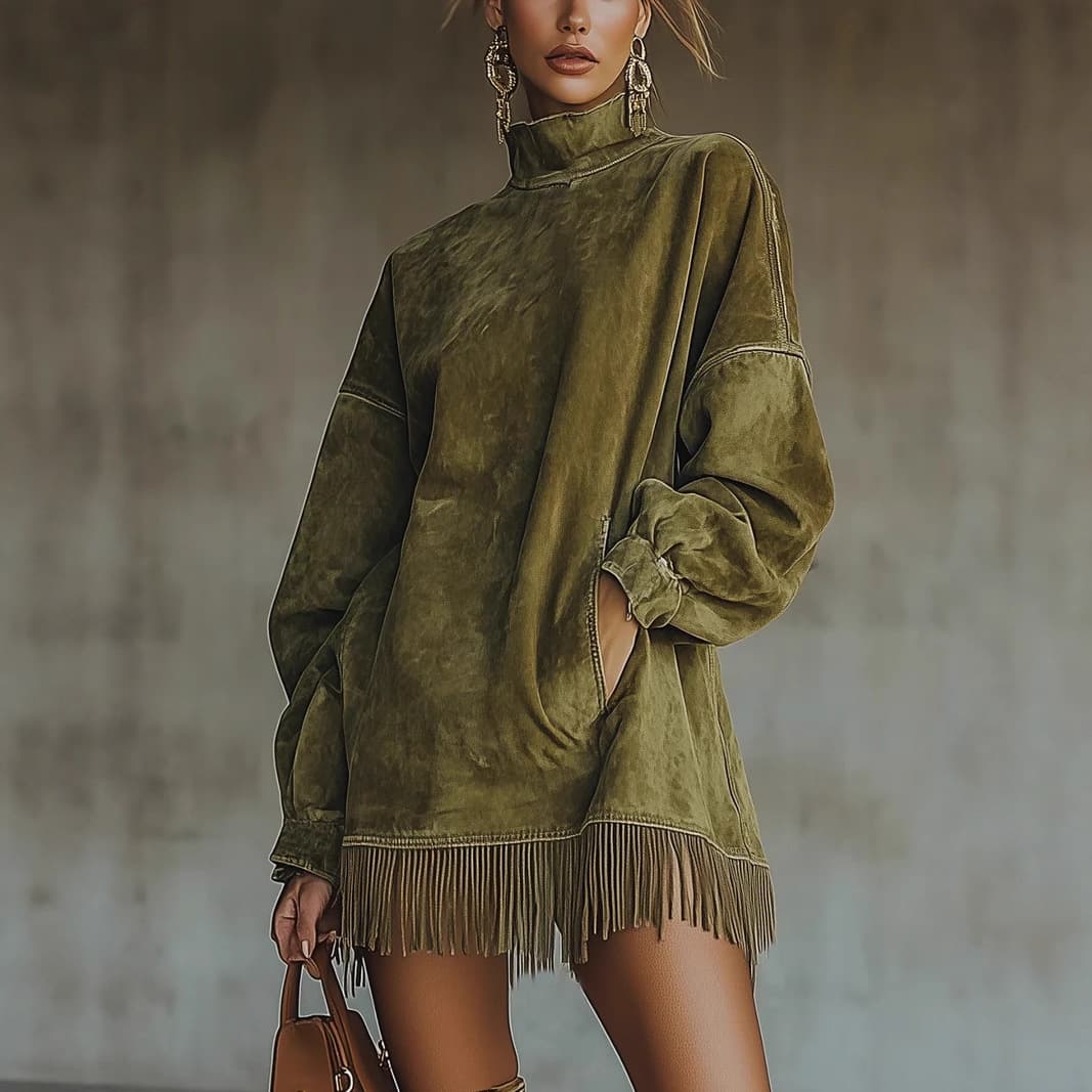 2025 new European and American cross-border independent station high collar suede retro loose pocket tassel long-sleeved dress