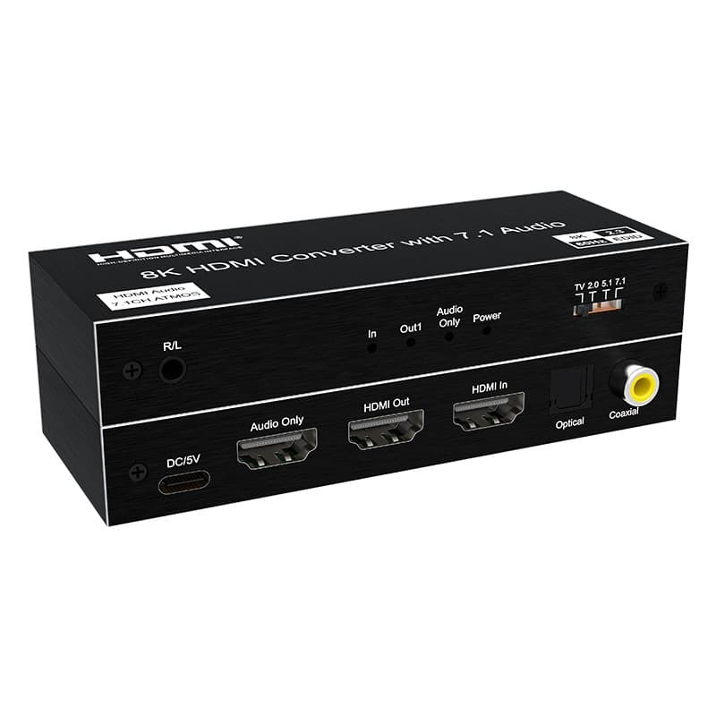 8K HDMI to HDMI Audio Video Extractor, 7.1 Channel Audio Extraction, 3.5mm and Coaxial Interface
