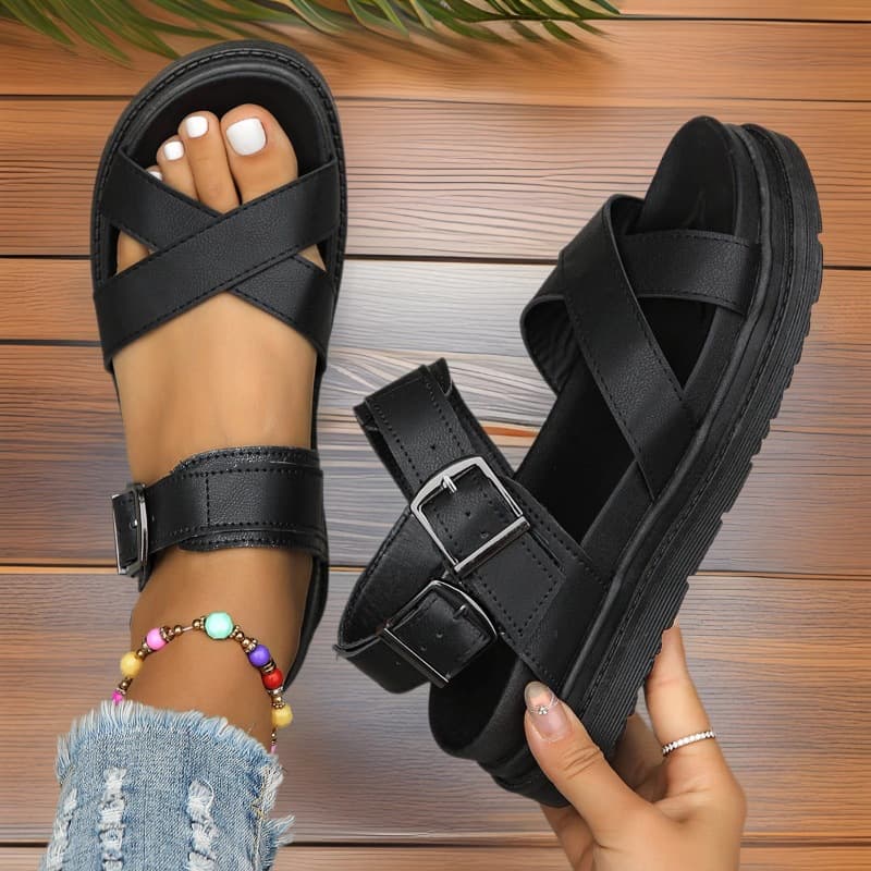 Foreign Trade 2025 New Thick Sole One-Strap Cross Solid Color Buckle Large Size Hollow Roman Sandals Women Sandals