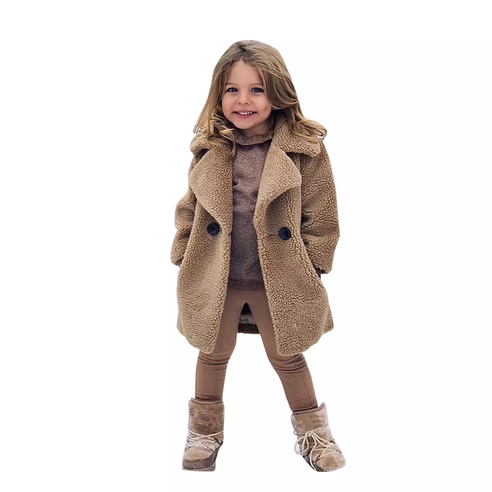 New European and American Cross-border Children's Autumn/Winter Coat for Middle and Older Kids, Faux Fur Jacket with Faux Cashmere Large Grain Turn-down Collar Trench Coat