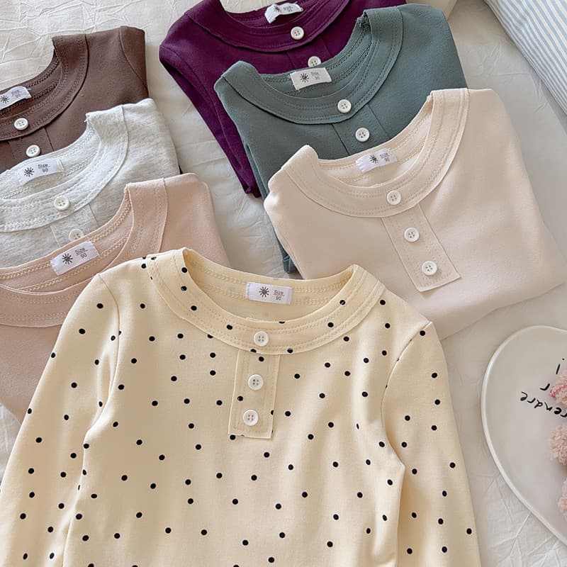Girls' long-sleeved T-shirt, spring and autumn polka-dot round neck button-down shirt, Korean style casual top, solid color, versatile inner wear