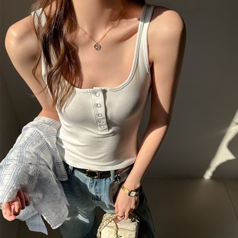 Spring and Summer Buttoned Design Camisole for Women, Suitable for Layering or Wearing Alone, Slim Fit, Sleeveless Top