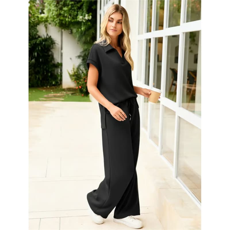 2026 spring and summer European and American old money style women's V-neck short-sleeved elastic high-waisted wide-leg trousers casual two-piece set