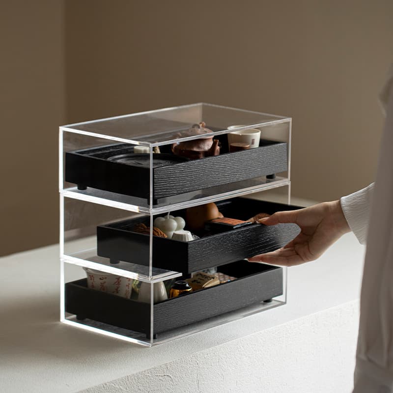 Solid wood multi-layer tea set storage box, acrylic tea cabinet, teapot, antique jewelry storage box, display cabinet