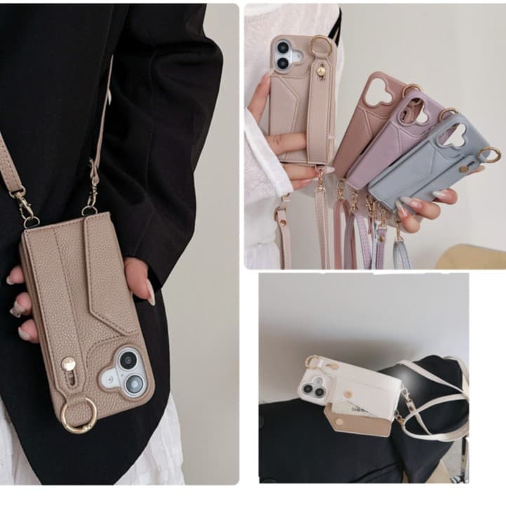 Suitable for iPhone 14 Phone Case, Apple 16 Wrist Litchi Pattern Coin Purse, Apple 15 Pro Max Cross-Body Lanyard