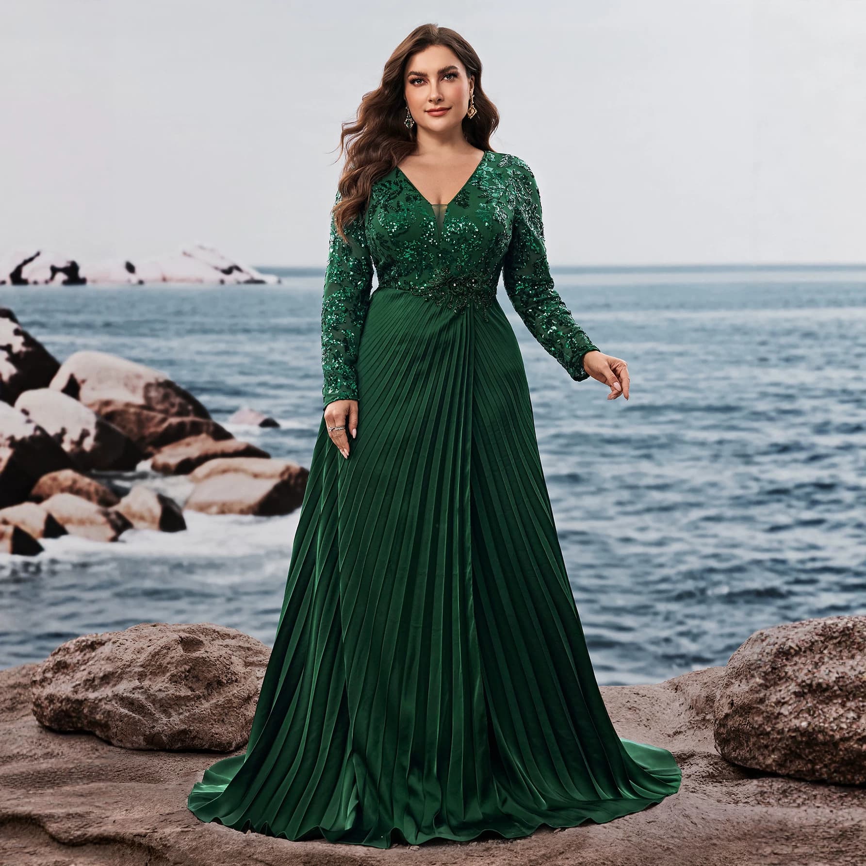 European and American V-Neck Pleated Ball Gown Elegant Long Sleeve Sequin Wedding Plus Size Evening Dress with Slit Applique