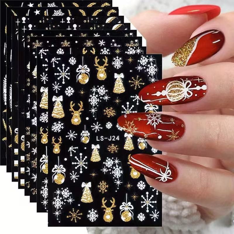 Cross-Border Hot-Selling Christmas Nail Stickers with Glitter, Adhesive Nail Stickers, Snowflake Hollow Stickers