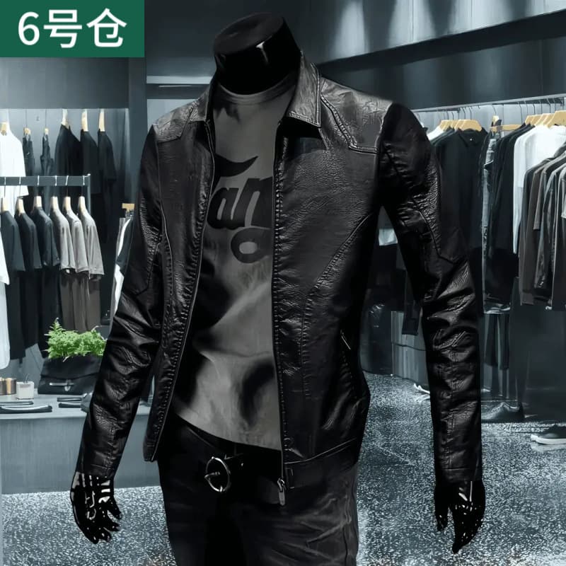 Haining Leather Jacket Business Handsome Men's Fashion Casual Thin Style Trendy Fleece Lined Slim Fit Lapel Top
