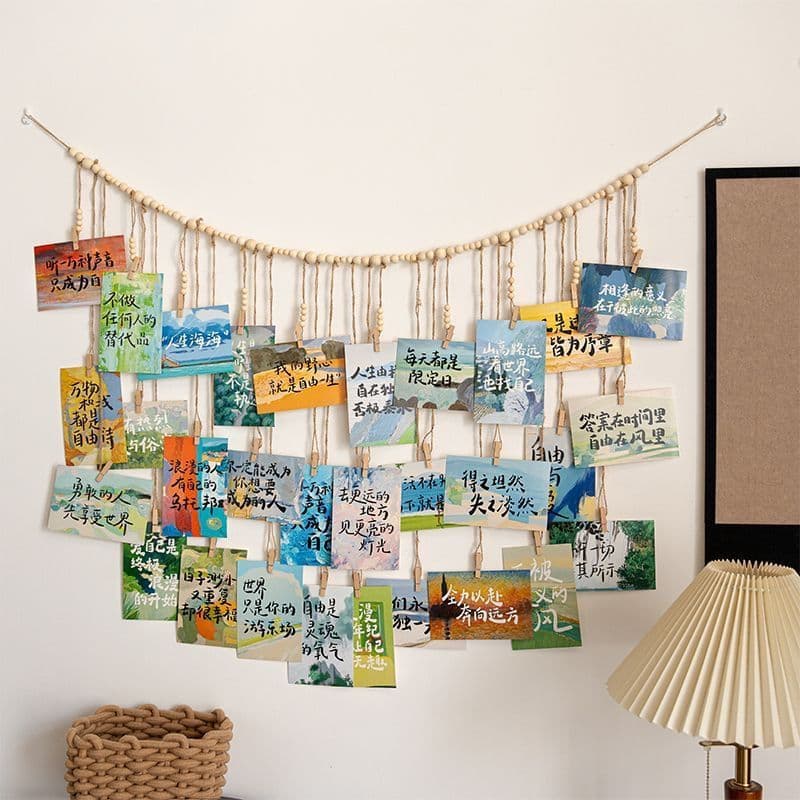 Hanging Photo Wall Decoration Jute Rope Hanging Photo No-drill Wood Bead Jute Rope Clip Wall Storage Display