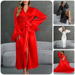 Luxury Feather Cuff Satin Robe Women Back Lace Large Backless High-End Long Bride Morning Robe 809