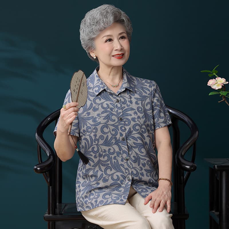 Elegant Short Sleeve T-Shirt for Middle-Aged Women, Grandma Summer Blouse, Thin Fabric