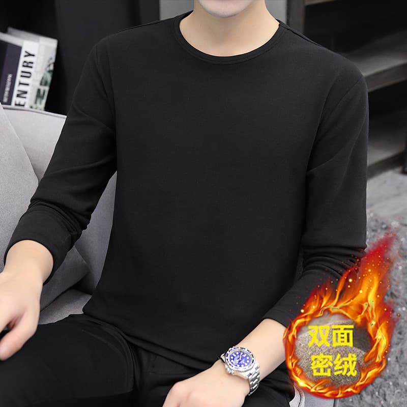 Men's Double-Sided Fleece Round Neck Long Sleeve T-Shirt, Winter Thermal Base Layer, Thickened and Warm