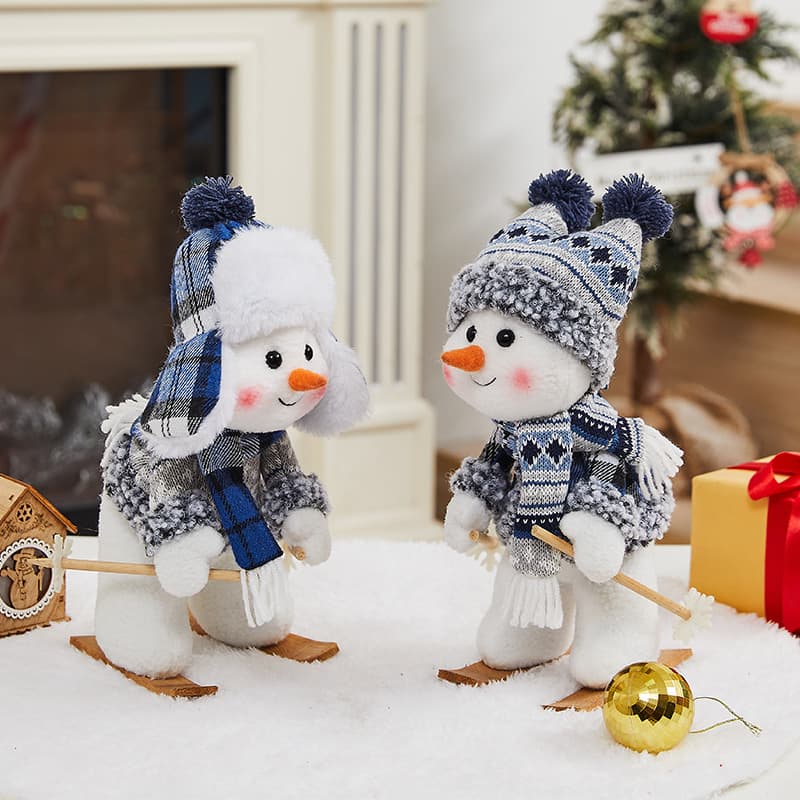 Blue Plaid Christmas Decoration Snowman Doll Tabletop Toy Fabric Christmas Iron Foot Snowman Ornaments Home Use Festive Decor