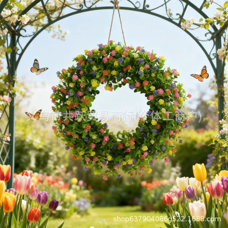 Cross-border Amazon New Spring Artificial Flower Wreath Spring Floral Holiday Decoration Wreath Garden Hanging Ornament Door Wreath Door Hanger